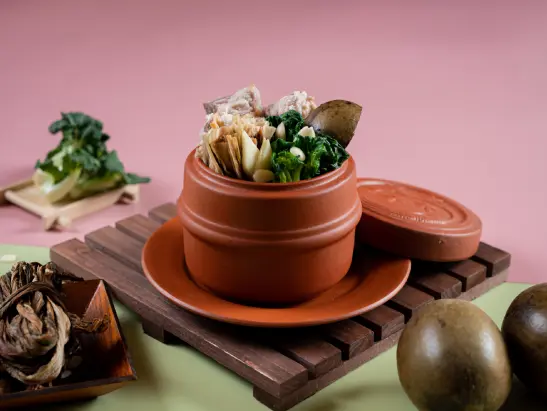 Double-boiled Pork Rib Soup with Fresh and Dried Bok Choy and Monk Fruit